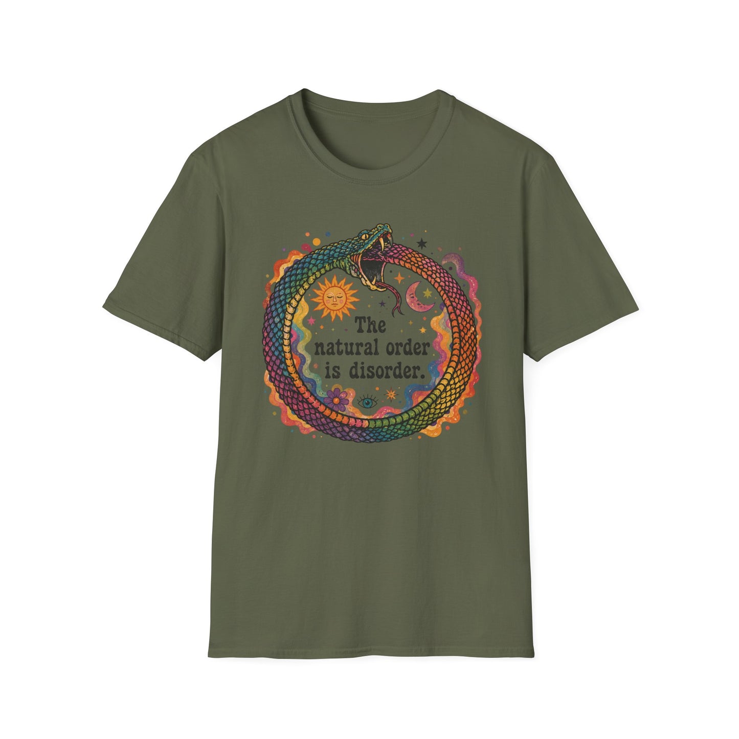 Ouroboros Sun & Moon Tee — “The Natural Order Is Disorder” Graphic T-Shirt