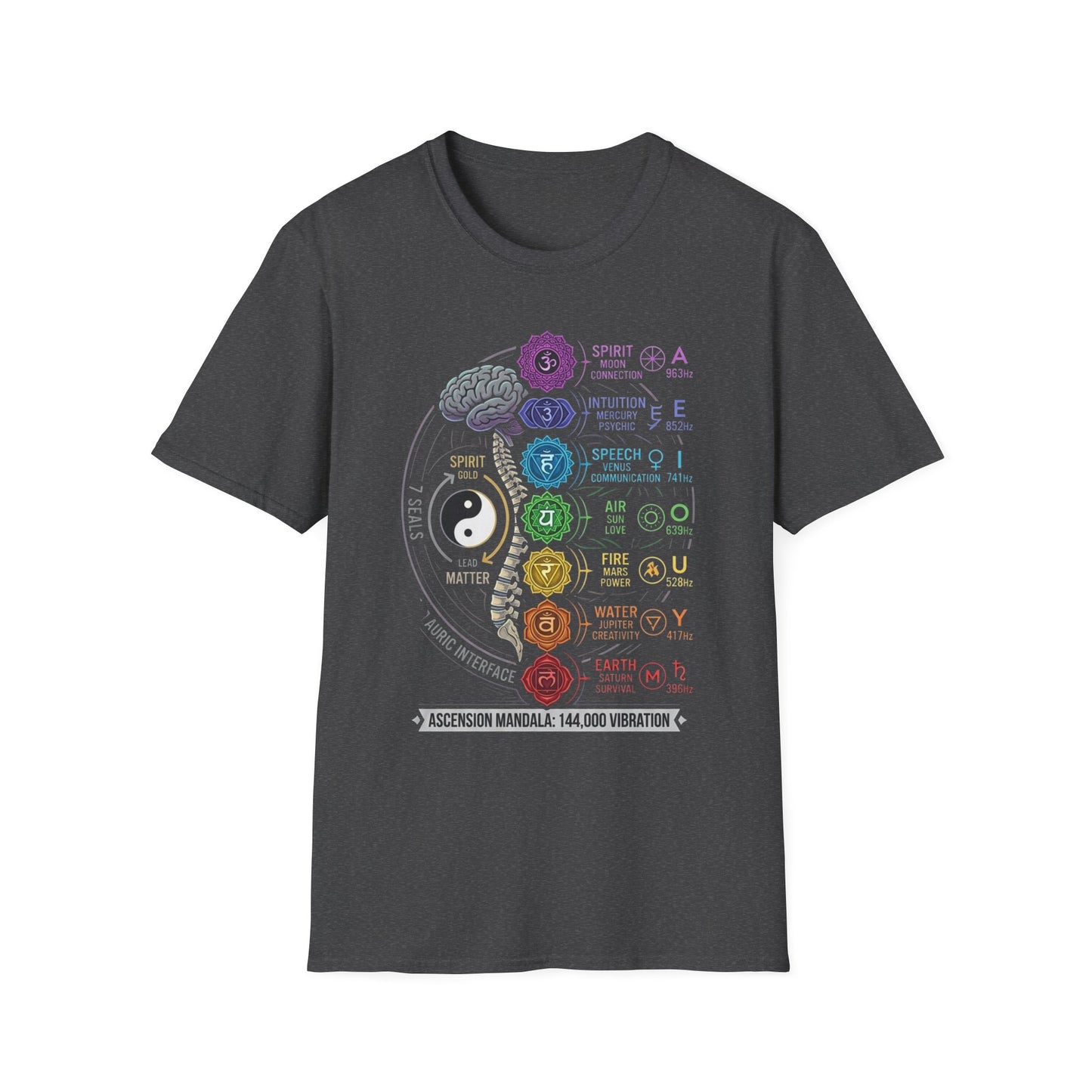 Chakra Alignment T-Shirt — Rainbow 7 Chakras with Yin Yang & Brain Illustration