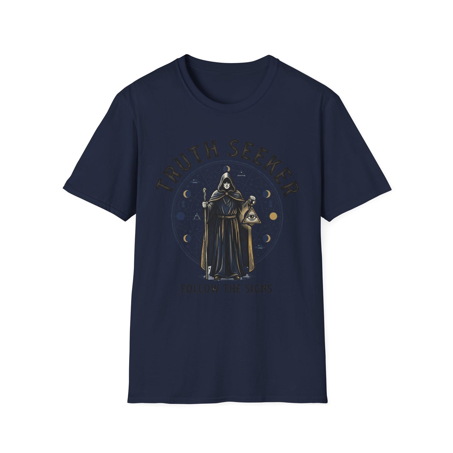 Truth Seeker T-Shirt — Mystic Hooded Figure “Follow the Signs” Graphic Tee
