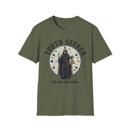 Truth Seeker T-Shirt — Mystical Hooded Sage 'Follow the Signs' Graphic Tee