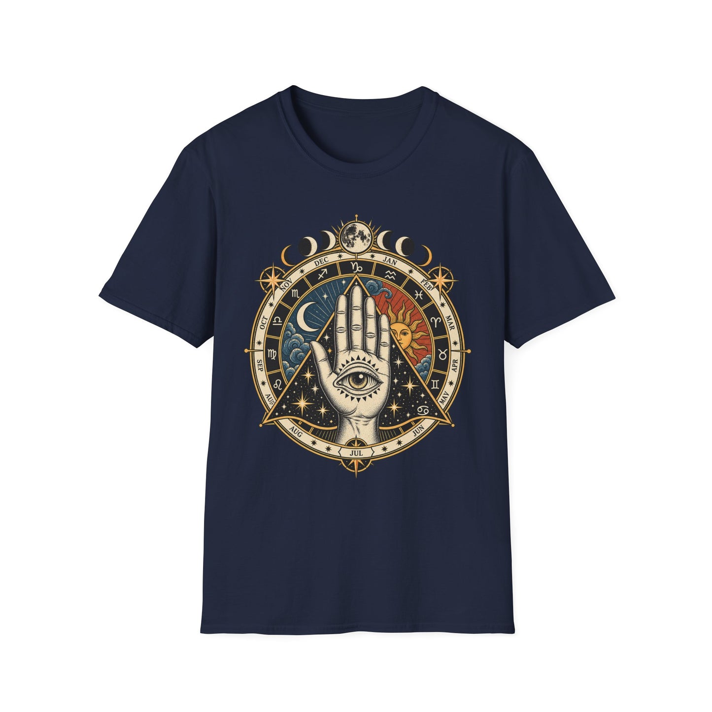 Mystic Palmistry T-Shirt — Celestial Hand with Sun & Moon Tarot Design