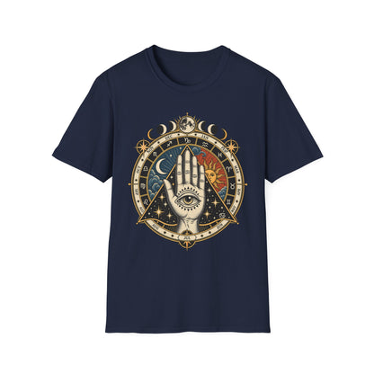 Mystic Palmistry T-Shirt — Celestial Hand with Sun & Moon Tarot Design