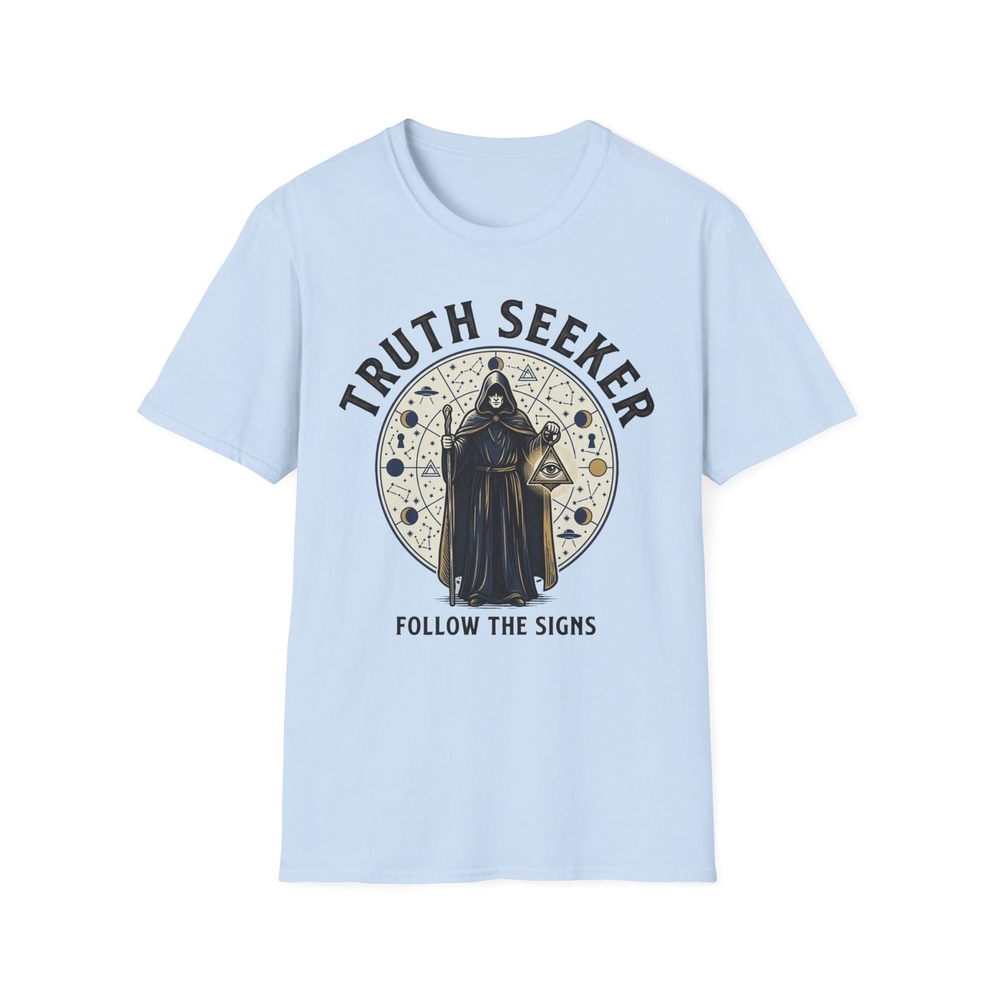 Truth Seeker T-Shirt — Mystical Hooded Sage 'Follow the Signs' Graphic Tee