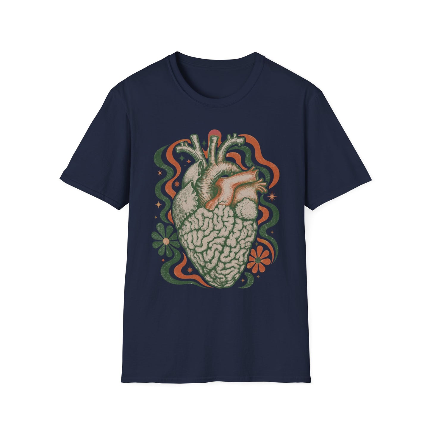 Anatomical Heart & Brain Graphic T-Shirt — Psychedelic Floral Design