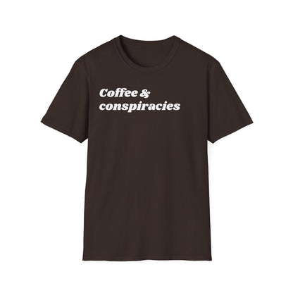 Coffee & Conspiracies T-Shirt — Funny Graphic Tee for Coffee Lovers