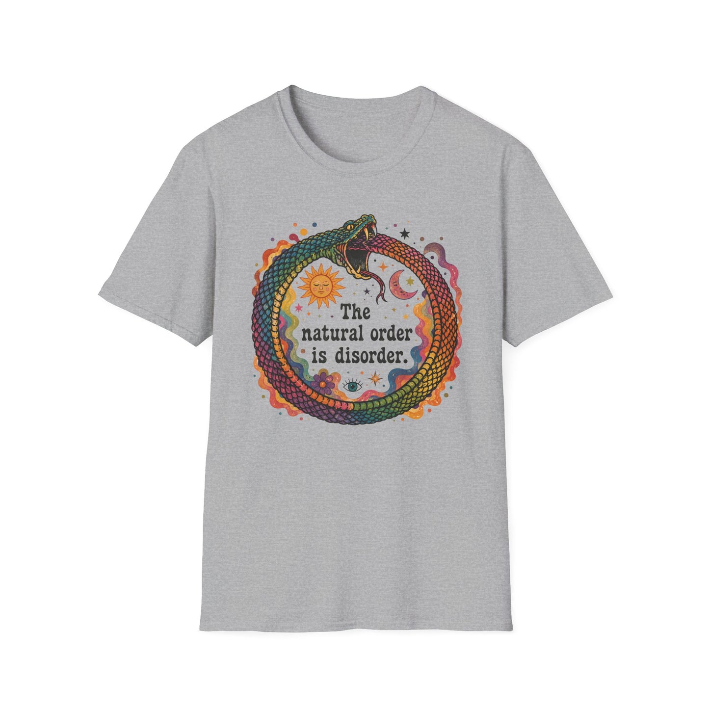 Ouroboros Sun & Moon Tee — “The Natural Order Is Disorder” Graphic T-Shirt