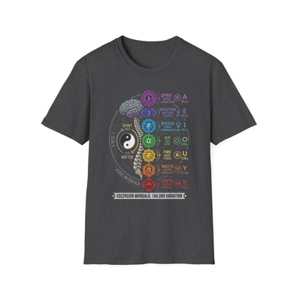 Chakra Alignment T-Shirt — Rainbow 7 Chakras with Yin Yang & Brain Illustration