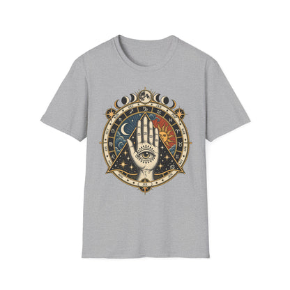 Mystic Palmistry T-Shirt — Celestial Hand with Sun & Moon Tarot Design