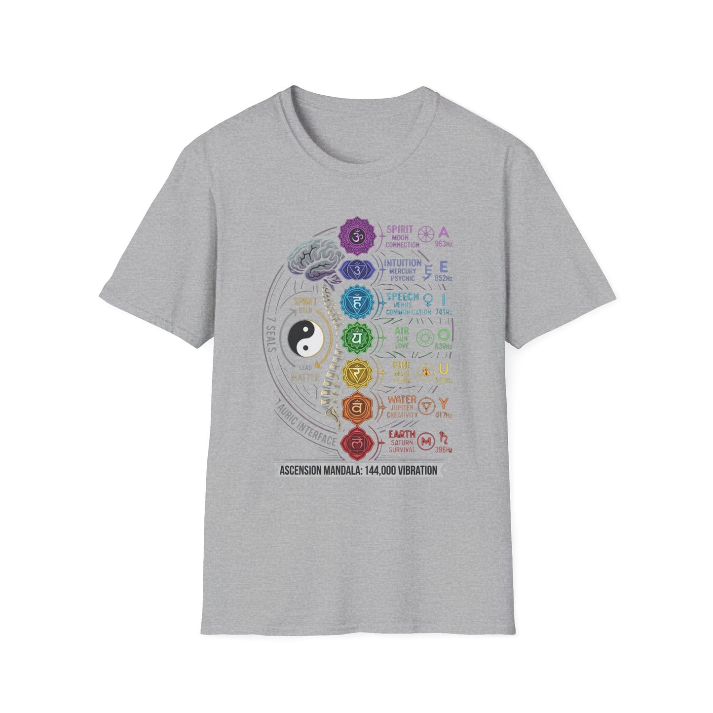 Chakra Alignment T-Shirt — Rainbow 7 Chakras with Yin Yang & Brain Illustration