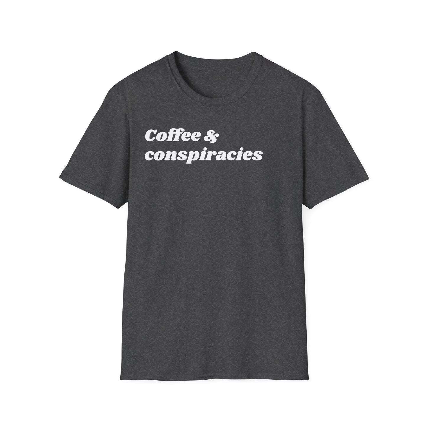 Coffee & Conspiracies T-Shirt — Funny Graphic Tee for Coffee Lovers