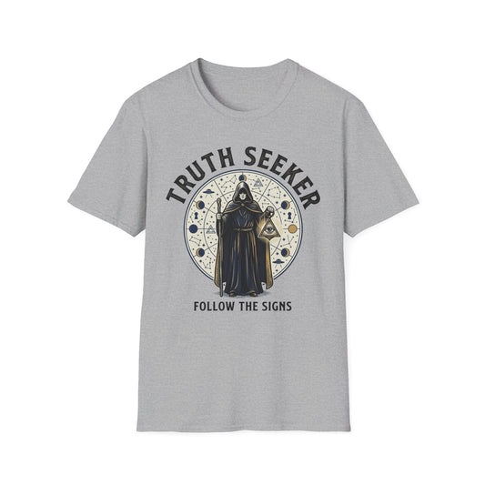 Truth Seeker T-Shirt — Mystical Hooded Sage 'Follow the Signs' Graphic Tee