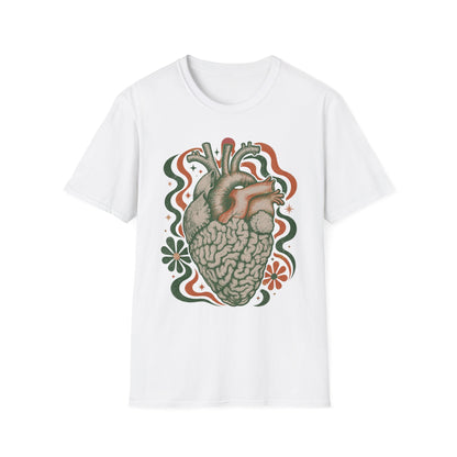 Anatomical Heart & Brain Graphic T-Shirt — Psychedelic Floral Design