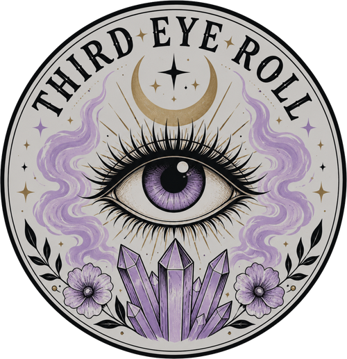 Third Eye Roll logo — all-seeing eye badge with crescent moon and amethyst crystals
