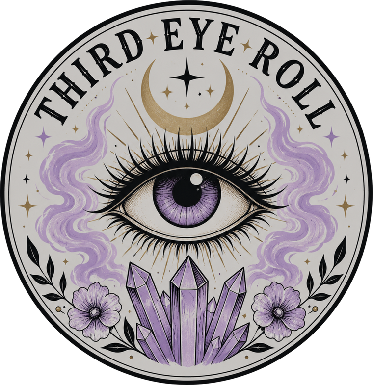 Third Eye Roll logo — all-seeing eye badge with crescent moon and amethyst crystals